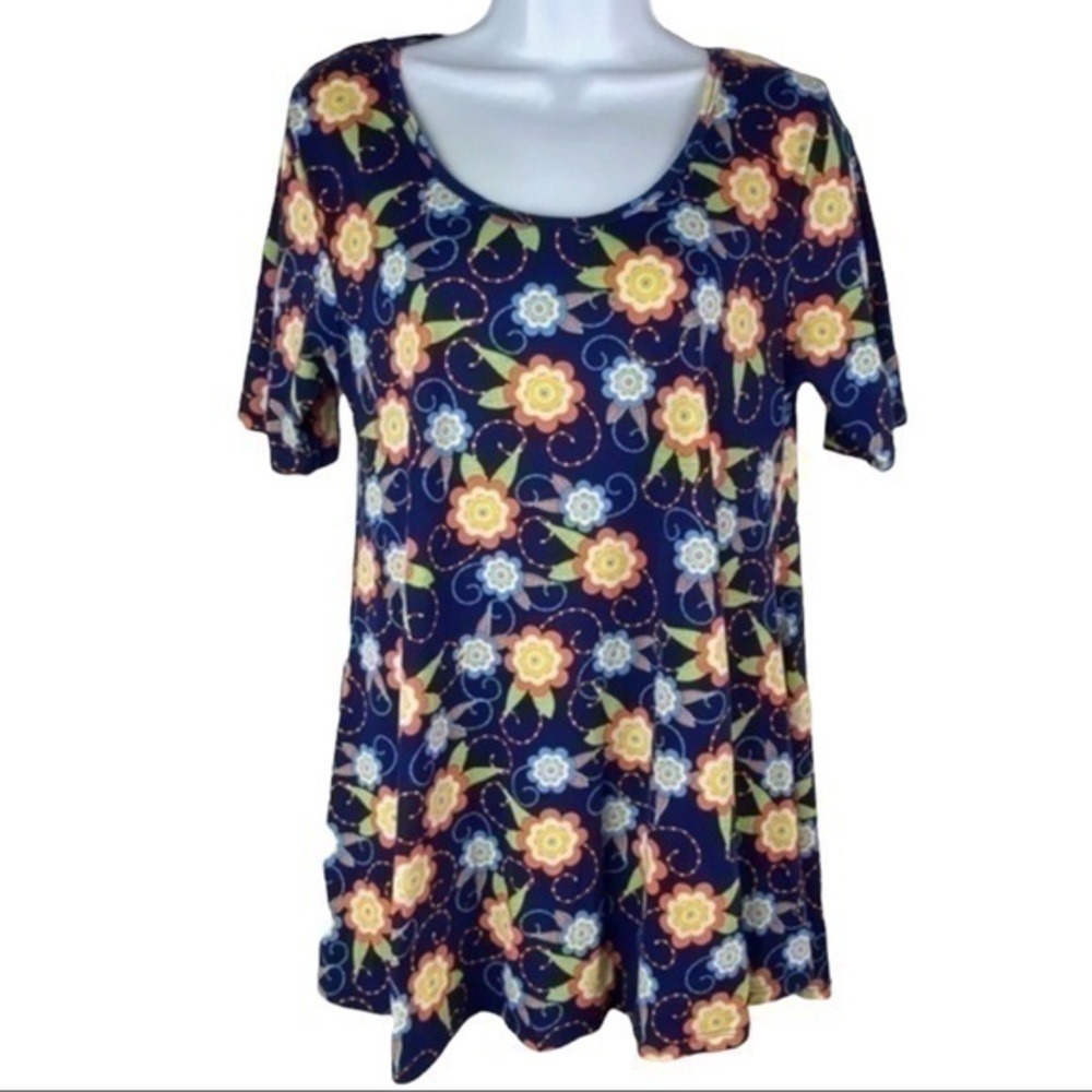 LuLaRoe Navy Floral Irma Tunic Top Womens Size Small Short Sleeve Scoop Neck